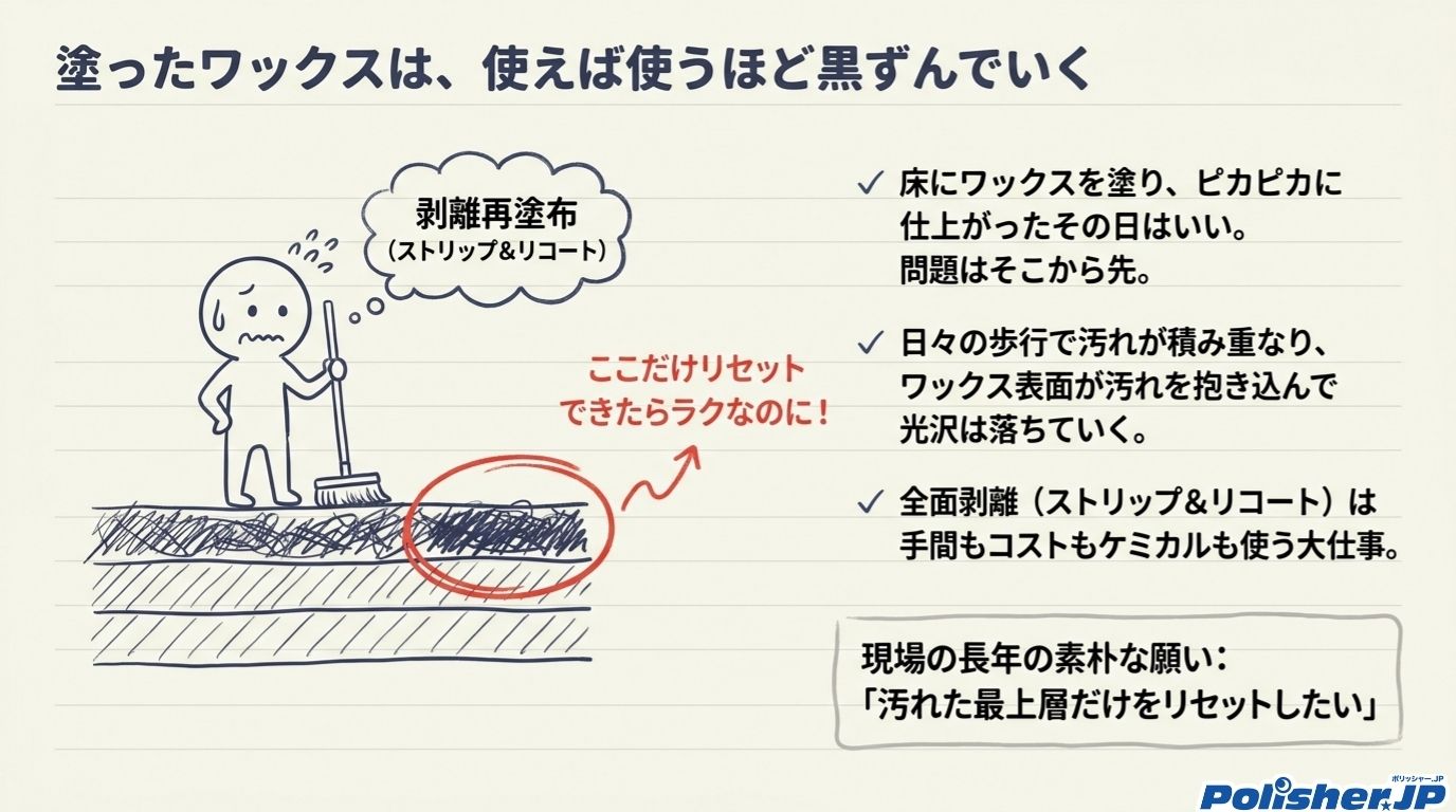 塗ったワックスが日々の汚れを抱き込み黒ずんでいく図解