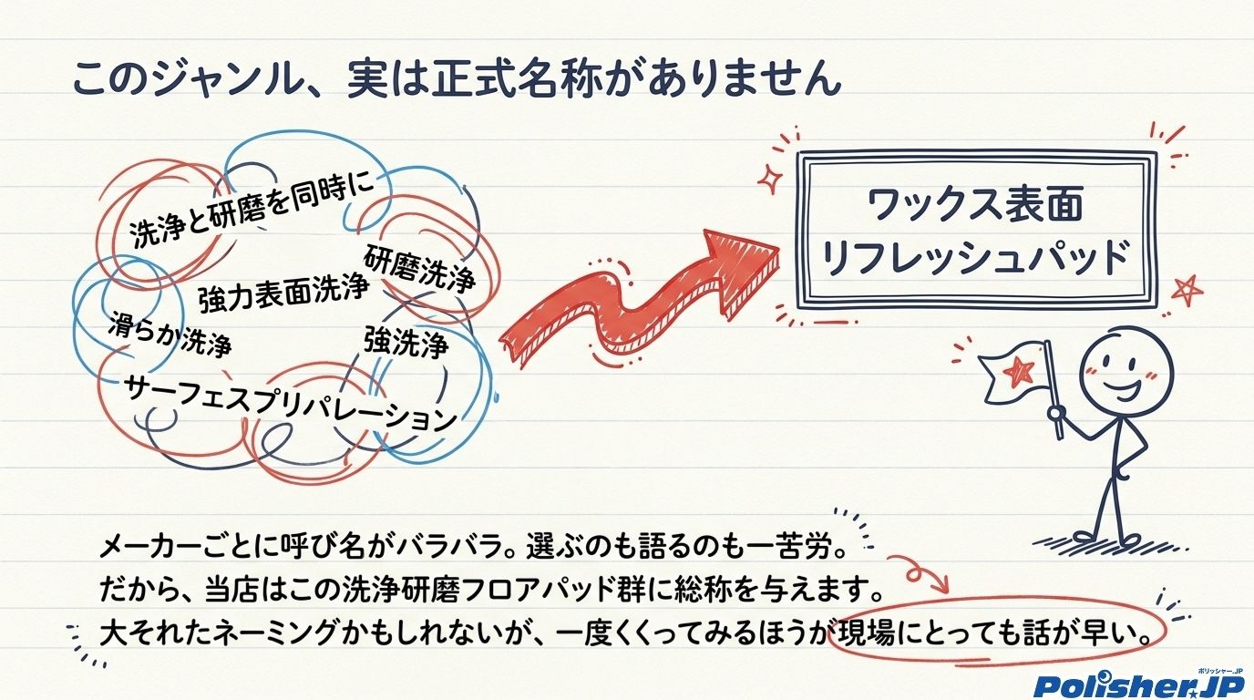 メーカーごとにバラバラの呼び名で売られている洗浄研磨パッドの図解
