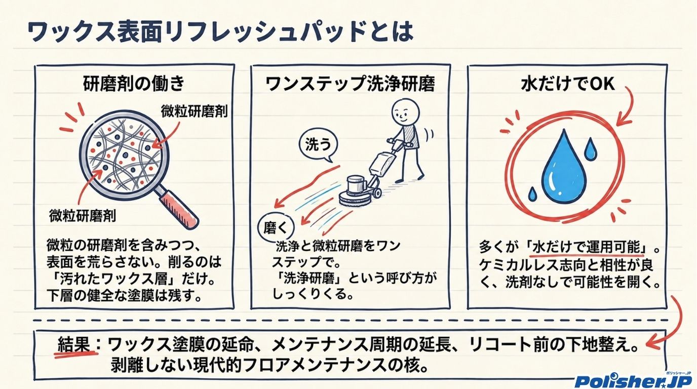 ワックス表面リフレッシュパッドの3つの特徴を整理した図解