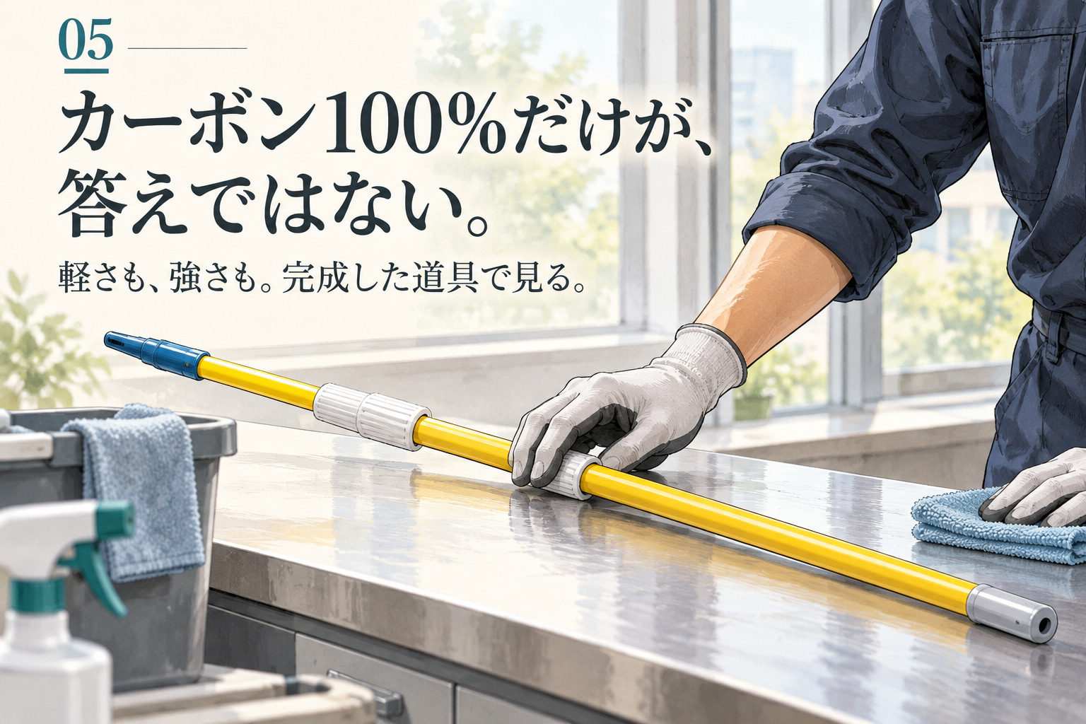 セイワの黄色いカーボングラスファイバーポールを手に取り、完成品の扱いやすさを確かめる場面