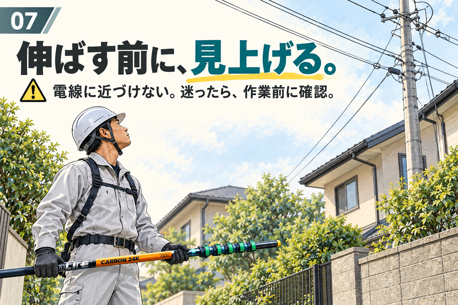 ポールを縮めて低く持ち、伸ばす前に頭上の電線を確認する作業者