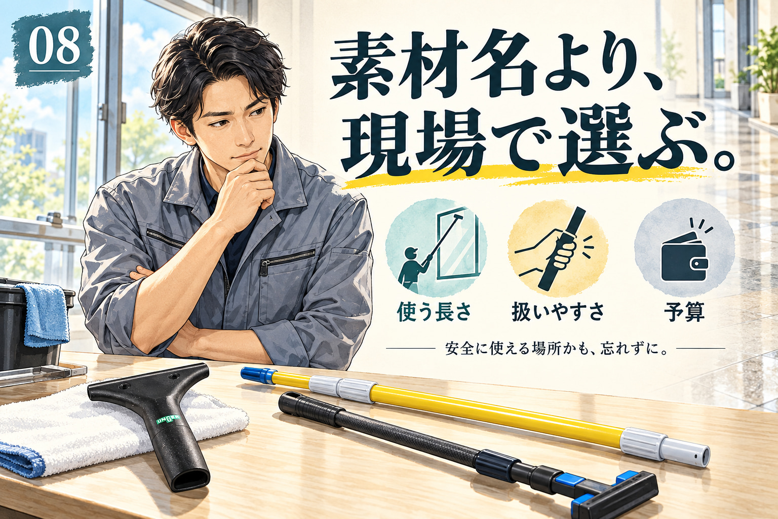 使う長さ・扱いやすさ・予算と安全を確認し、現場に合う清掃用具を選ぶ場面