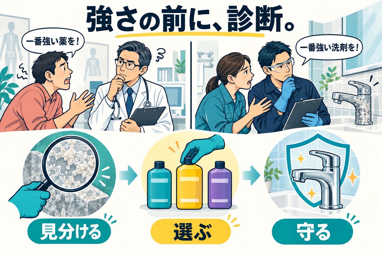 診断・処方・副作用管理という医療の手順と、成分判定・洗浄・素材保護という清掃の手順を並べて対応させた図解