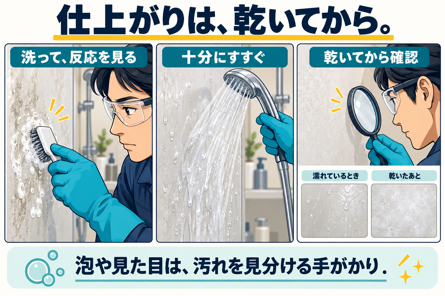 石鹸カス除去剤で落ちるか、カルシウム除去剤で泡を吹くか、乾くと白く戻るかの順に汚れの種類を見分けていく判定フローの図解