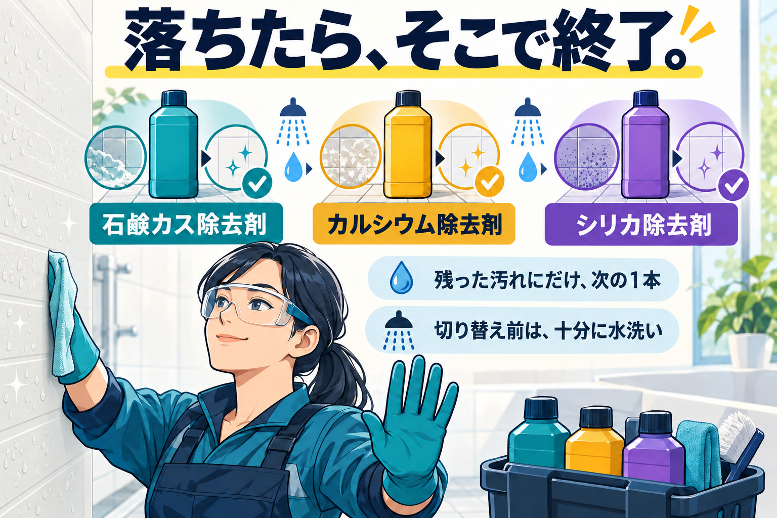 石鹸カス除去剤、カルシウム除去剤、シリカ除去剤の順に使い、各段階で水洗いと確認をはさみ、落ちた時点で終了する流れを示す図解