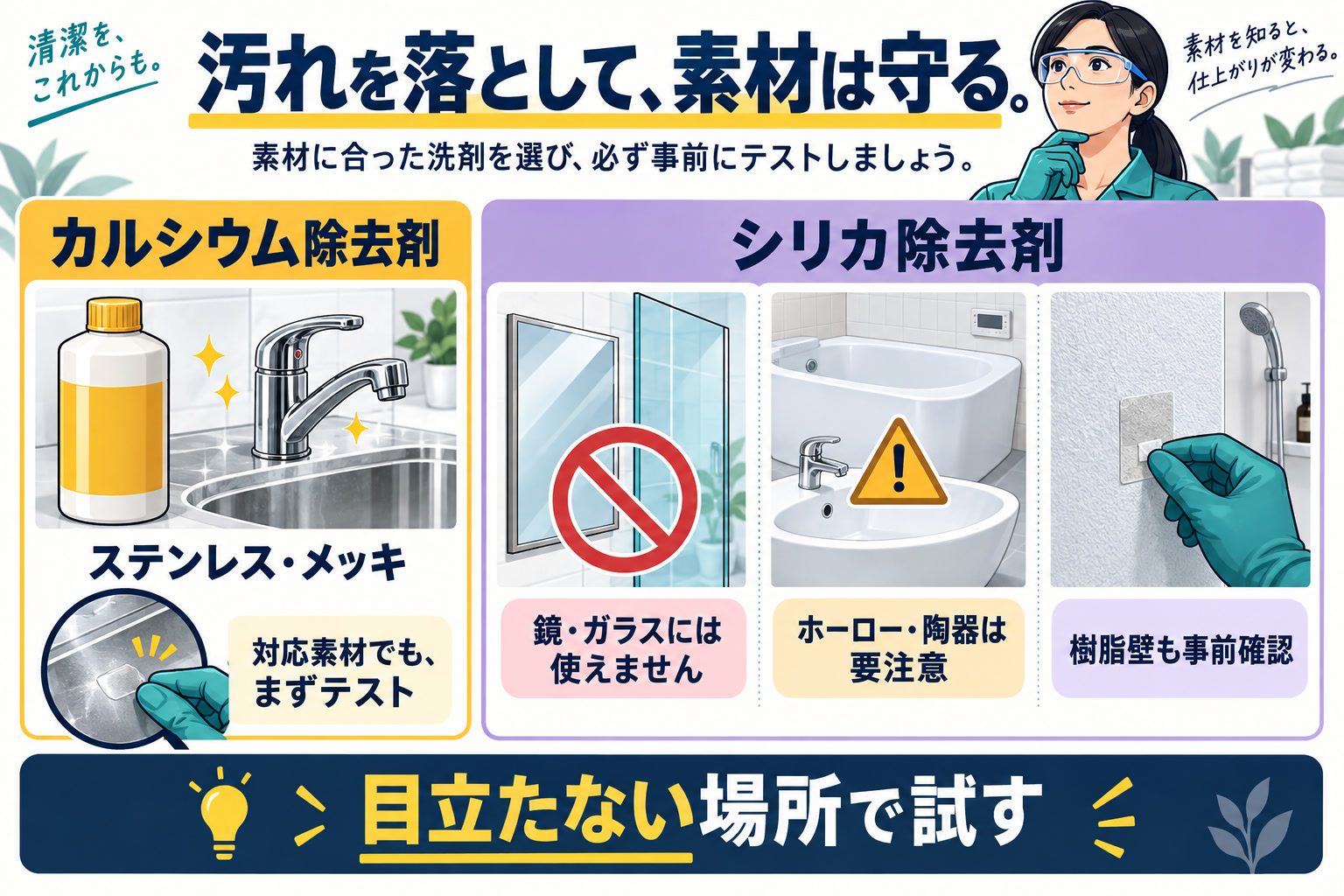 ステンレス・メッキ、樹脂壁、ホーロー・陶器、鏡・ガラスの素材ごとに、カルシウム除去剤とシリカ除去剤の使用可否と注意点を整理した一覧の図解