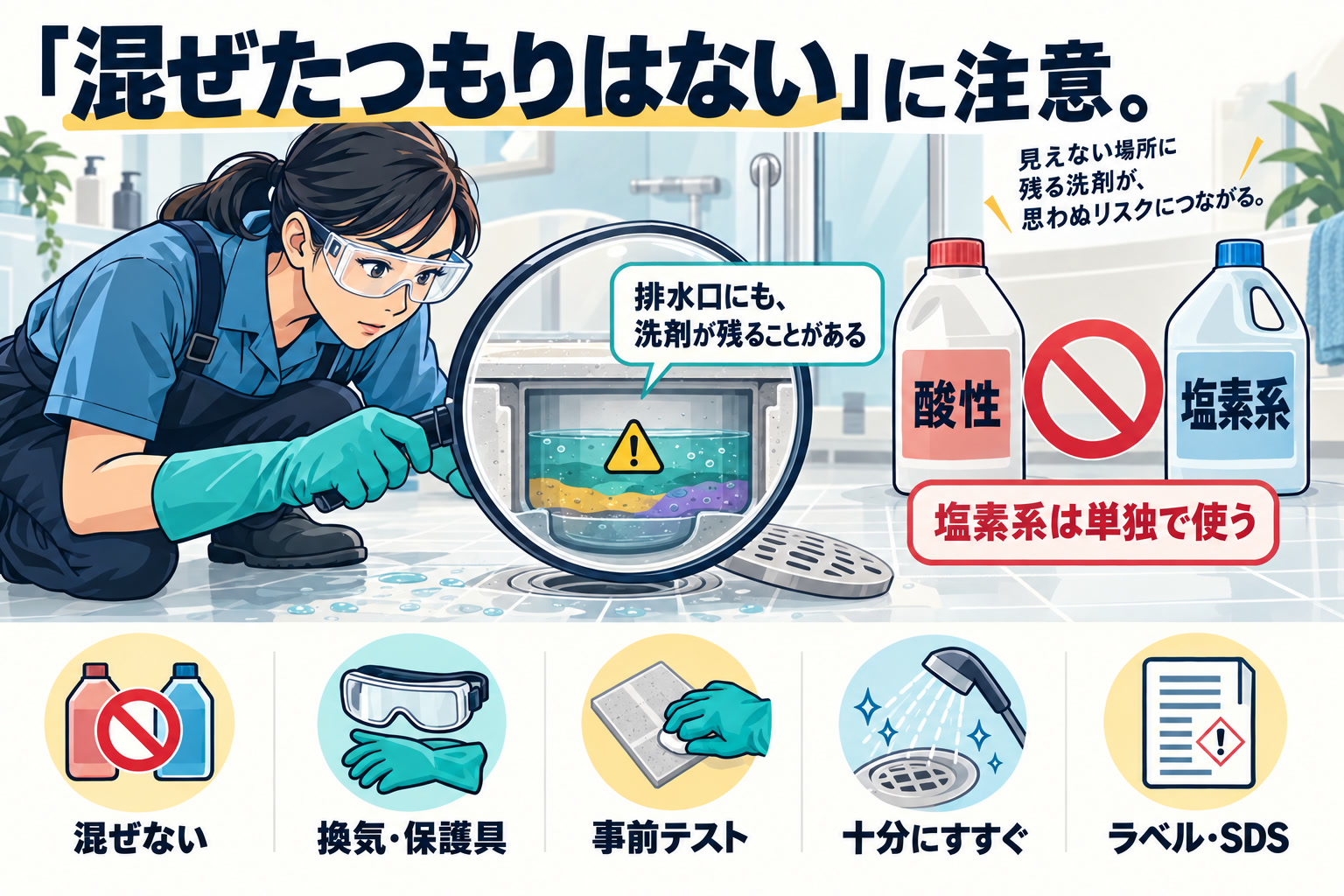 塩素系と混ぜない、保護具と換気、目立たない場所でテスト、切り替え前の水洗い、製品表示とSDSの確認という作業前の確認項目を並べた図解