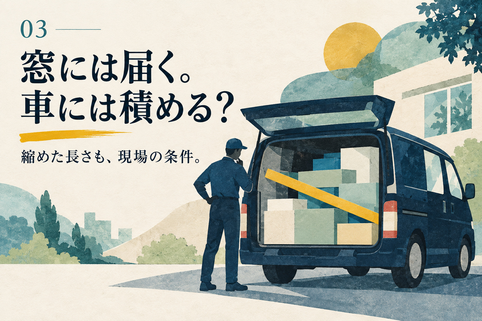 作業車の荷室と長さを表す帯を組み合わせ、収納できる長さを考えるイラスト