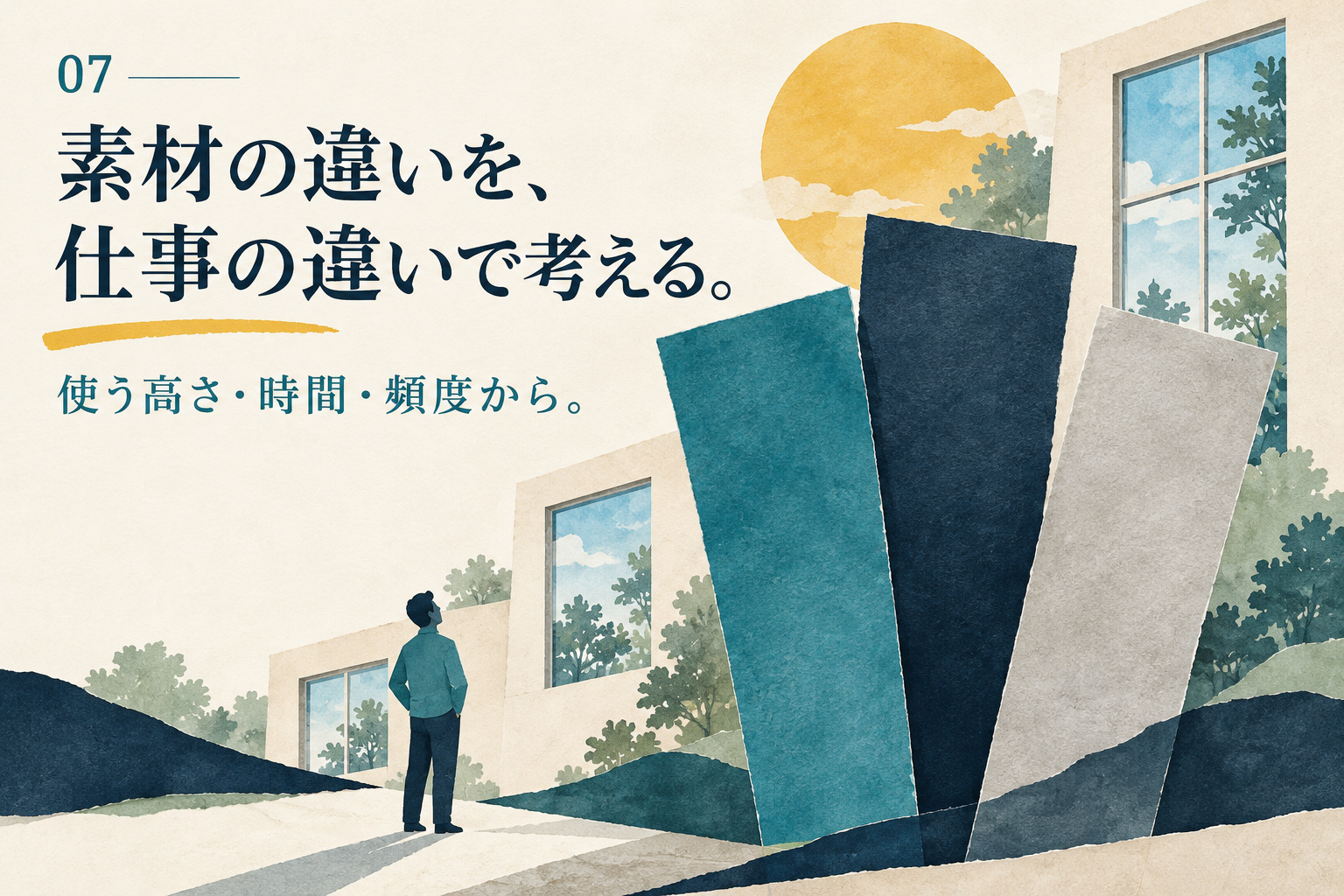 色の異なる紙と高さの違う窓を組み合わせ、素材を仕事に合わせて選ぶ考え方を表すイラスト