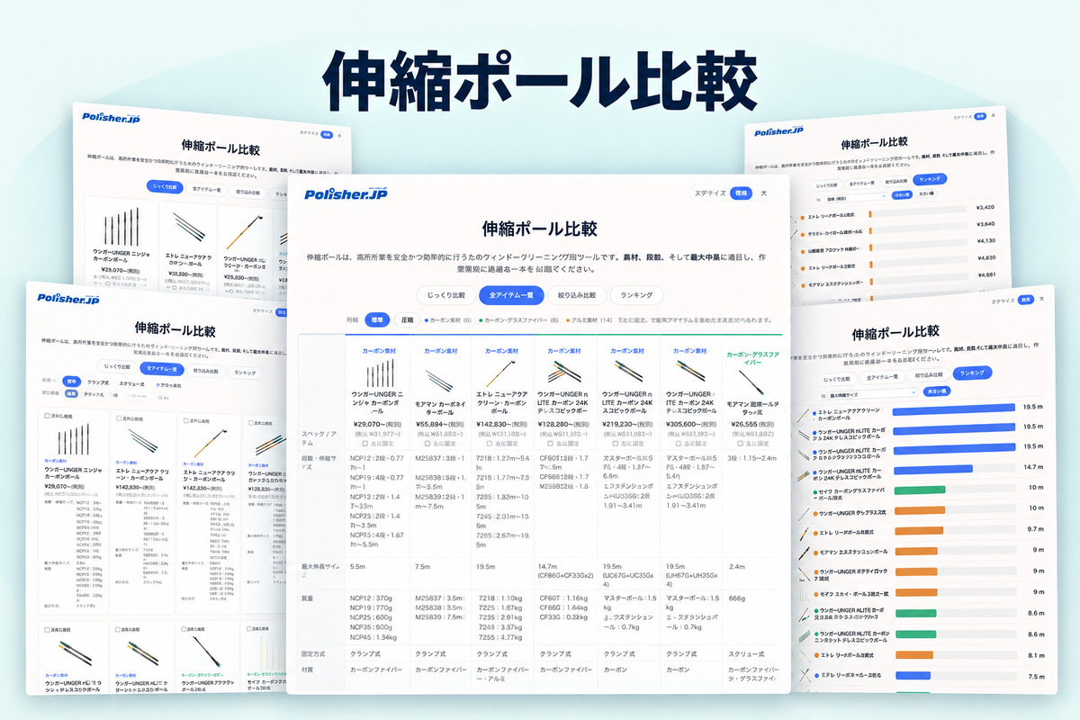 伸縮ポール比較ページの比較表・絞り込み・ランキング画面をまとめたプレビュー