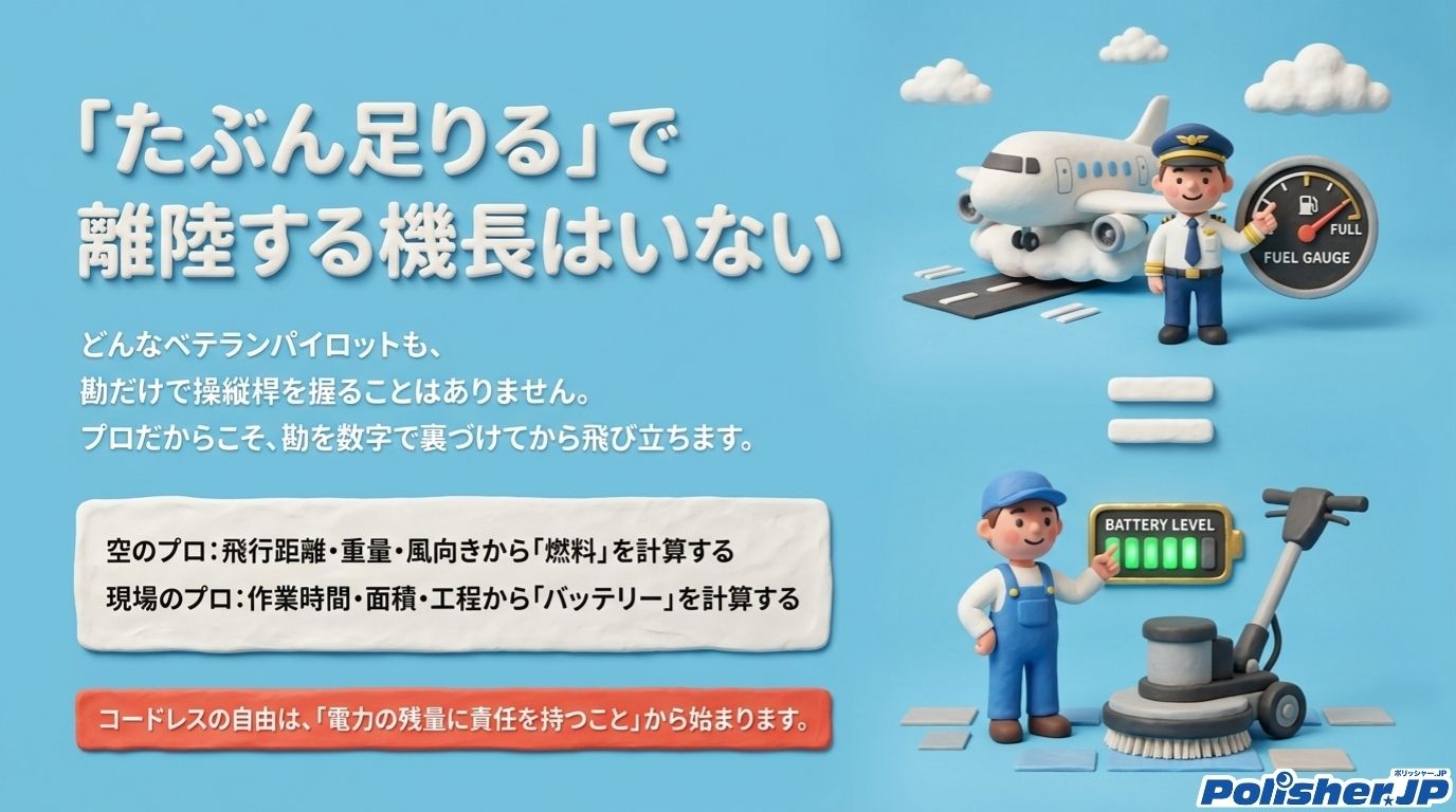 離陸前の燃料計算のように清掃現場でも先に稼働時間を計算することを示す図解