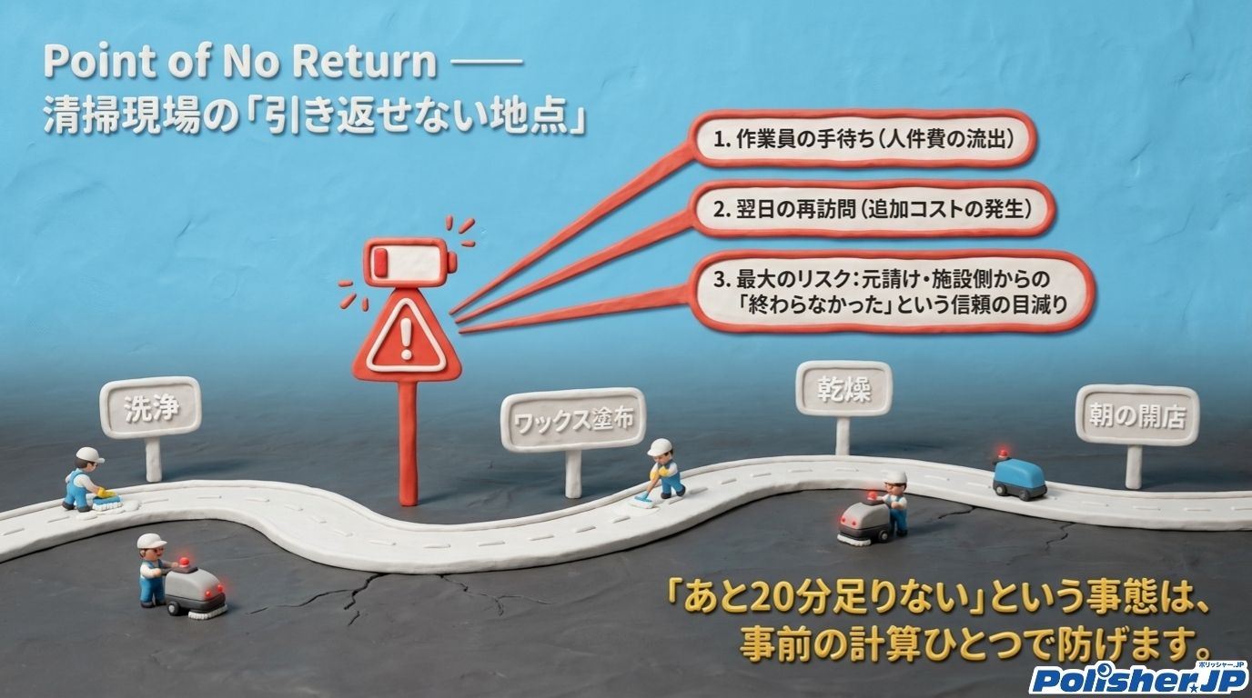 深夜の清掃現場でバッテリー切れが工程全体に影響することを示す図解