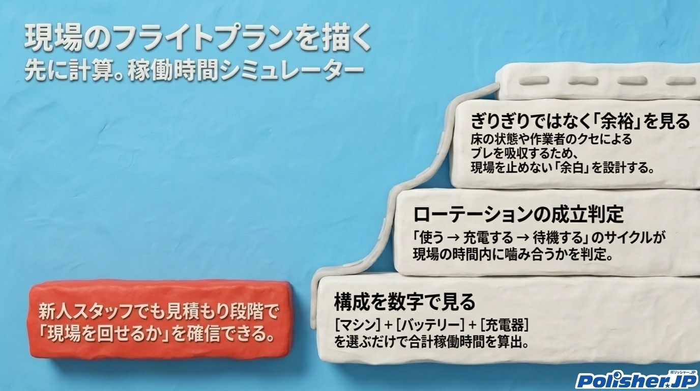 稼働時間シミュレーターでバッテリー構成と充電ローテーションを確認する図解