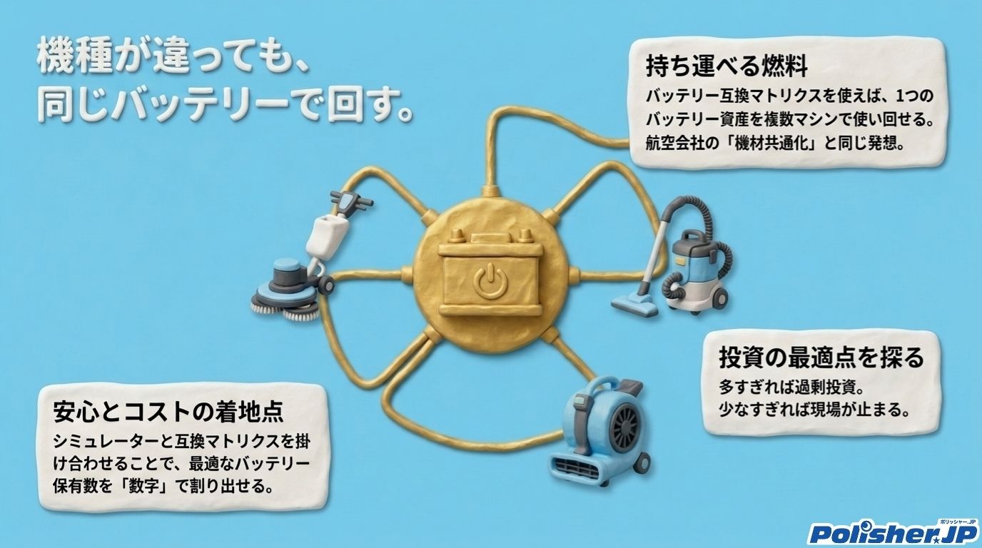 複数機種で同じバッテリーを活用できる互換マトリクスを示す図解