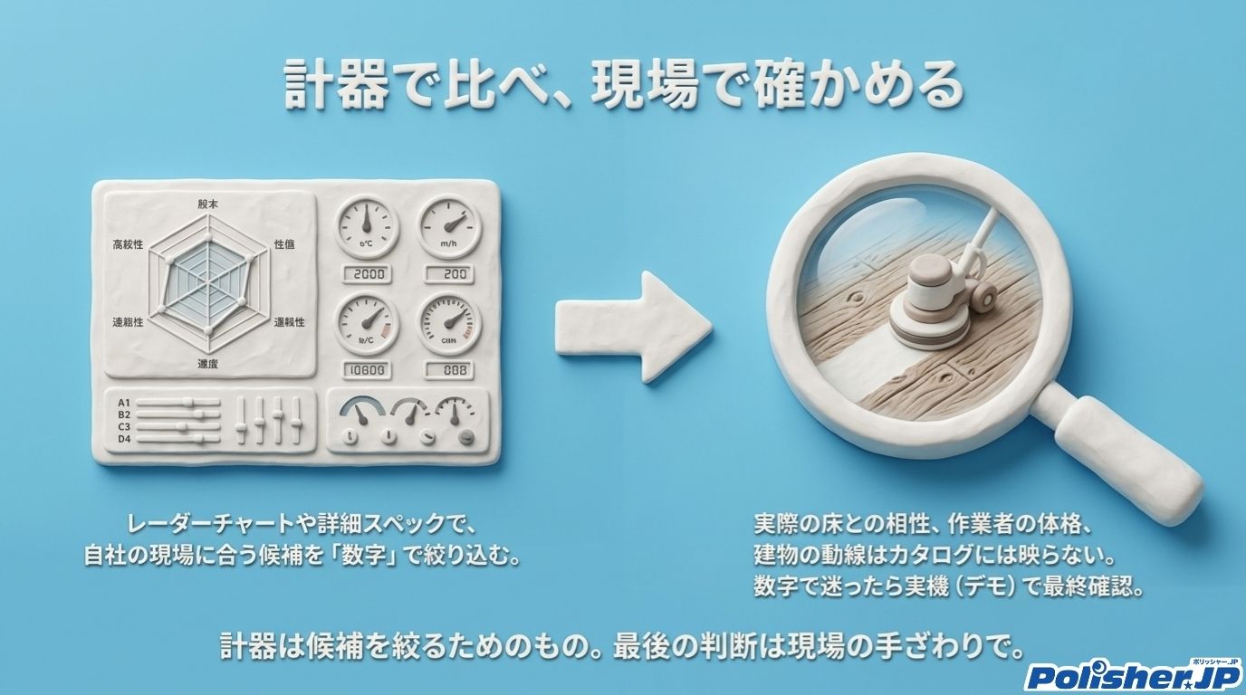 計器の数字で候補を絞り最後は現場で実機を確かめることを示す図解