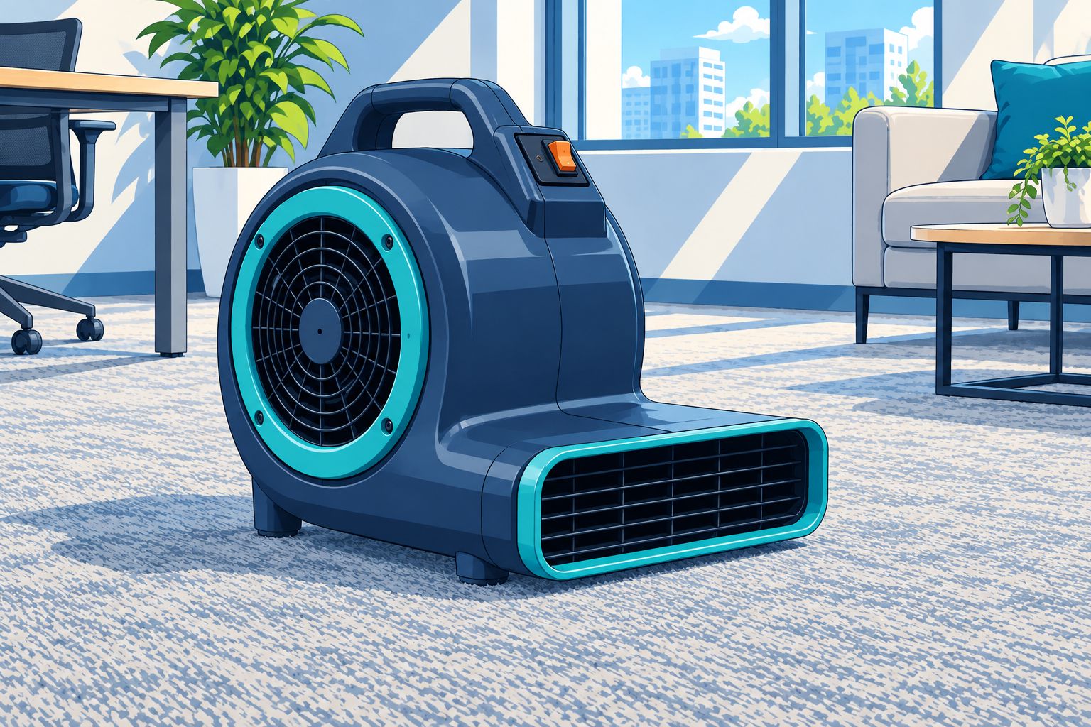 カーペットの表面に沿って風を送る送風機のイメージ