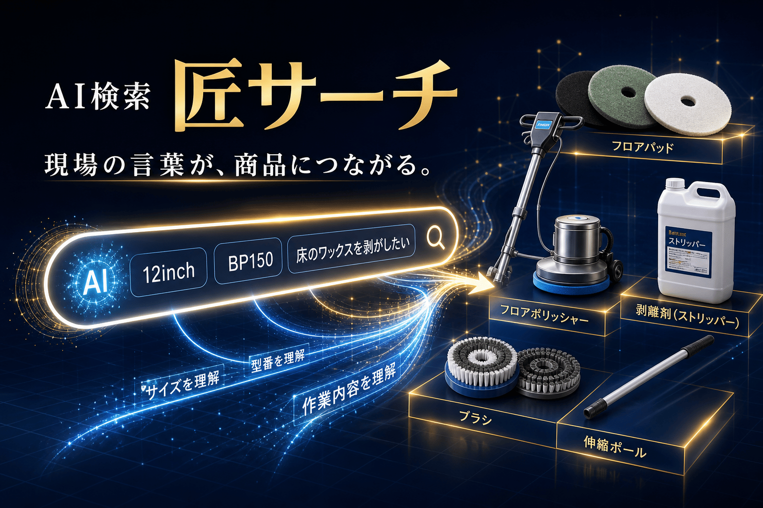 AI検索 匠サーチ 現場の言葉が、商品につながる。12inch・BP150・床のワックスを剥がしたいといった言葉から、ポリッシャー・フロアパッド・剥離剤・ブラシ・伸縮ポールなどの商品にたどり着く様子