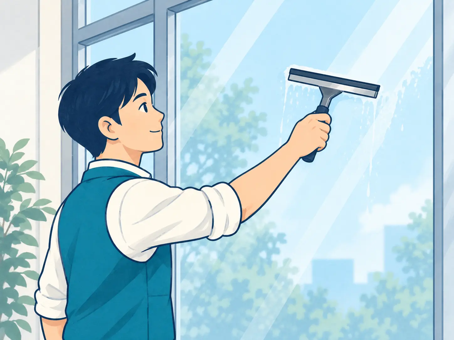 明るい窓をスクイジーで清掃するスタッフのイラスト