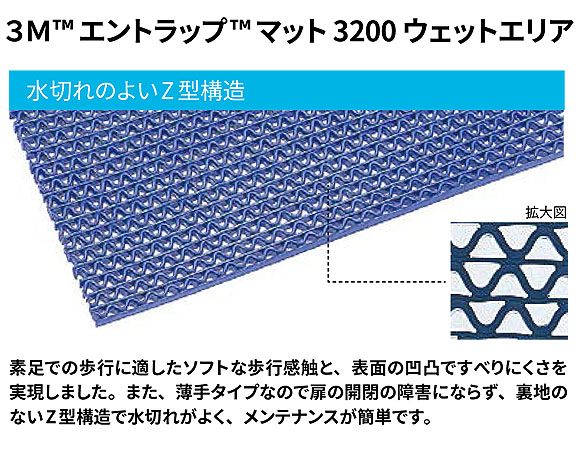 スリーエム ジャパン エントラップ マット 3200 ウェットエリア [900mm×6m] - 〈屋内用〉ウエットエリア用マット 水切れのよいZ型構造【代引不可】 01