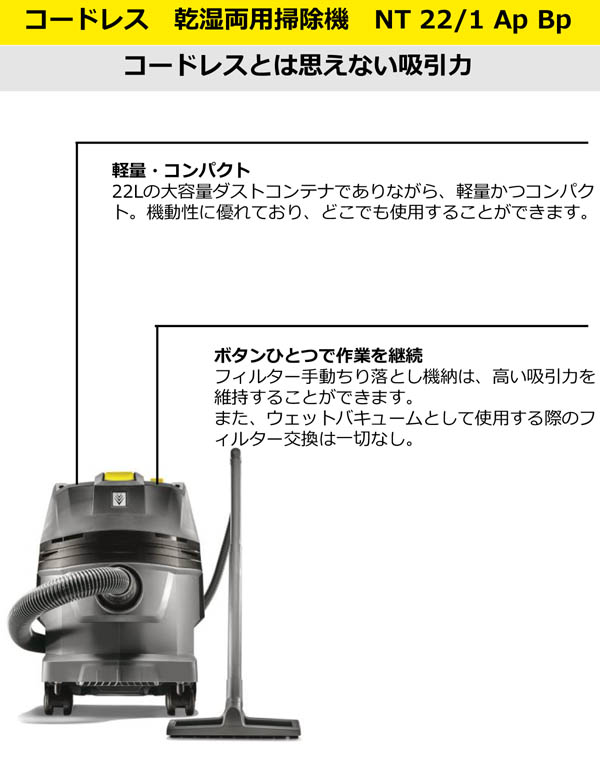 ケルヒャー NT 22/1 Ap Bp - 業務用 コードレス乾湿両用バキュームクリーナー【代引不可】 01