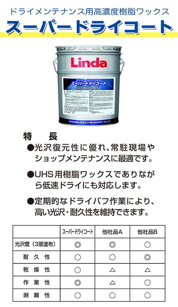 横浜油脂工業(リンダ) スーパードライコート[18kg] - ドライメンテナンス用樹脂ワックス 01