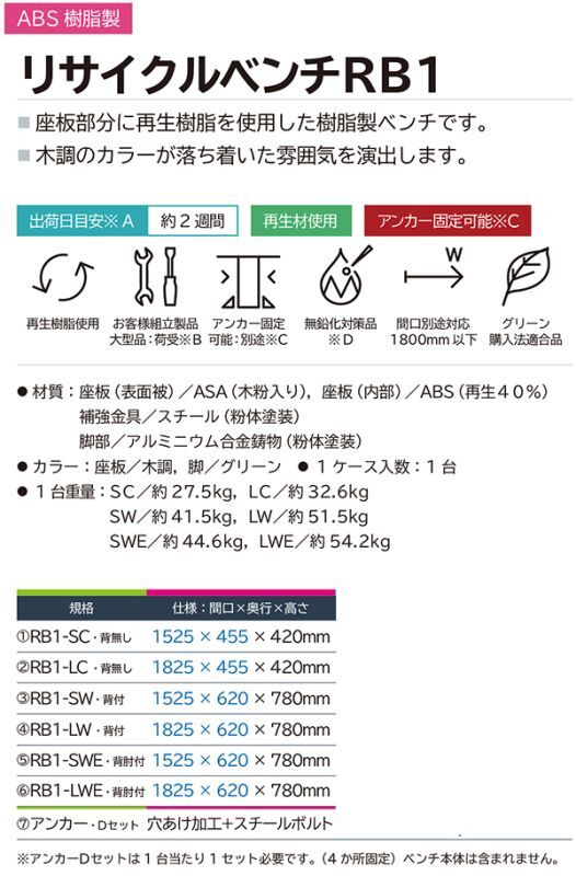 ミヅシマ工業 リサイクルベンチ 1.8M幅 RB1-L 02