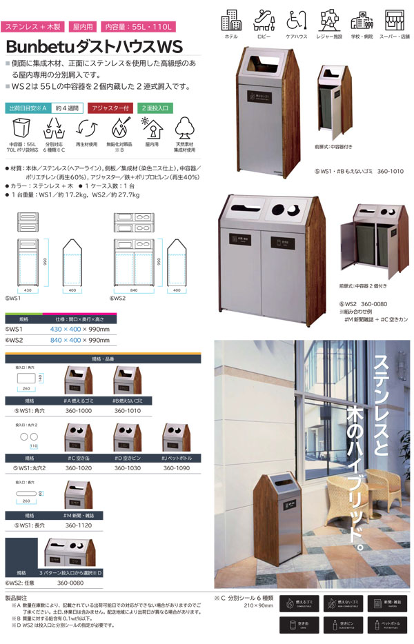 ミヅシマ工業 Bunbetu ダストハウスＷS1 - 高級感のある屋内専用の分別屑入【代引不可・個人宅配送不可・#直送1000円】 01