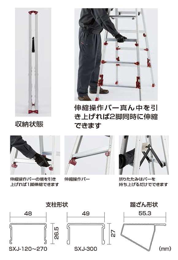 ピカコーポレイション スタッピーSXJ（滑り止め端具ユニット付） - 四脚アジャスト式専用脚立(上部操作タイプ)【代引不可・メーカー直送品】 02