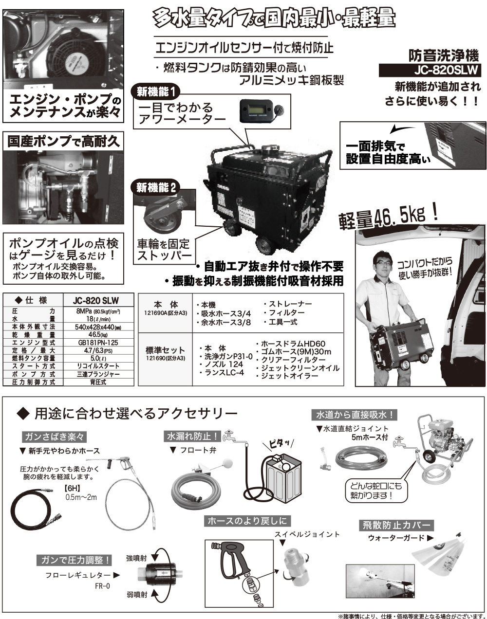 【リース契約可能】精和産業 JC-820SLW - 多水量タイプで国内最小・最軽量の防音型高圧洗浄機【代引不可・個人宅配送不可】02