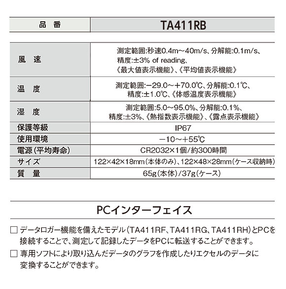 TASCO 温・湿・風速計(ポケットサイズ風速計シリーズ) - 温度および湿度センサーを備えた上級モデル 02