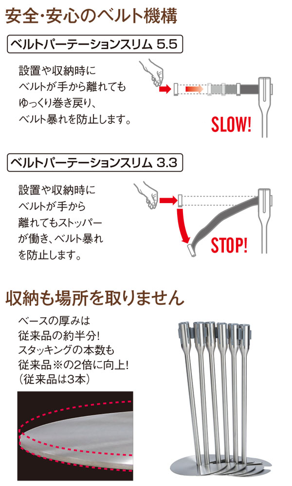 テラモト ベルトパーテーションスリム 3.3 - 屋内用 3.3mベルトタイプ 商品詳細