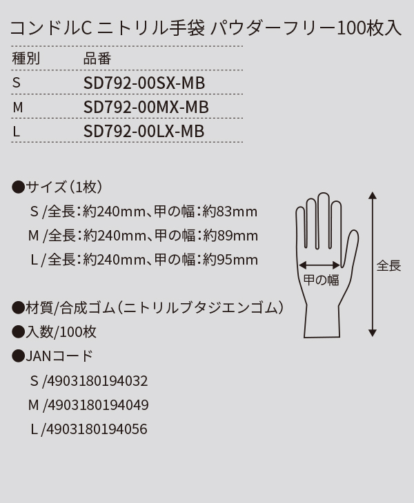 山崎産業 コンドルC ニトリル手袋パウダーフリー [10枚入×10] - ウィルス防御アイテム     商品詳細