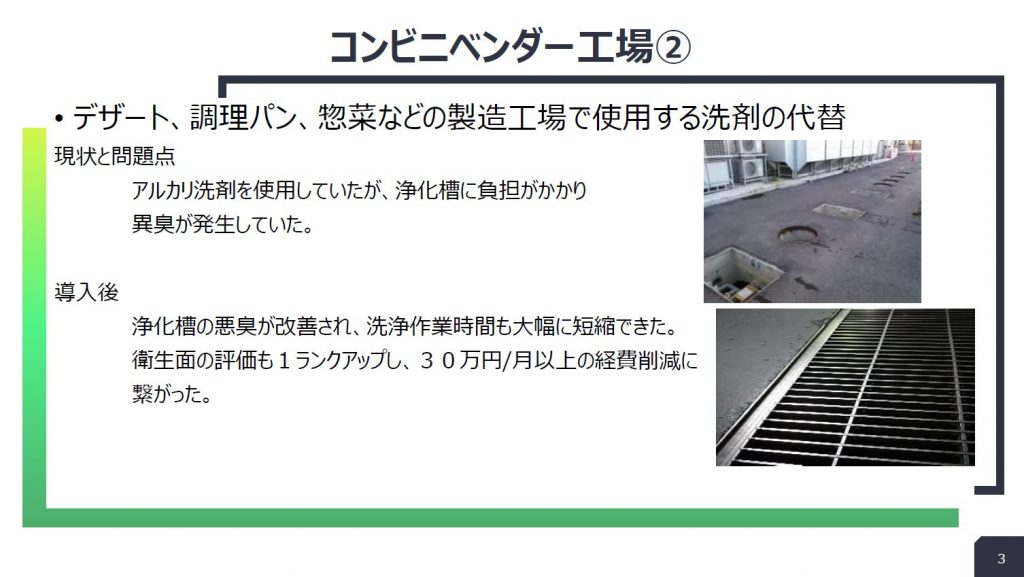 コンビニベンダー工場:デザート・惣菜工場の洗剤の置き換えの導入事例スライド