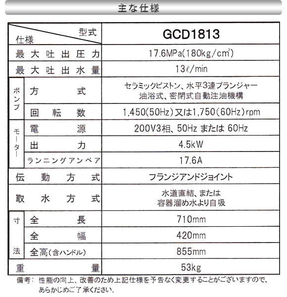 高圧少水量タイプ常温水高圧洗浄機 ジェットマンGCD1813【代引不可】商品詳細06