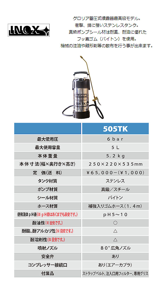 グロリア 蓄圧式噴霧器 505TK - 耐油性仕様 01